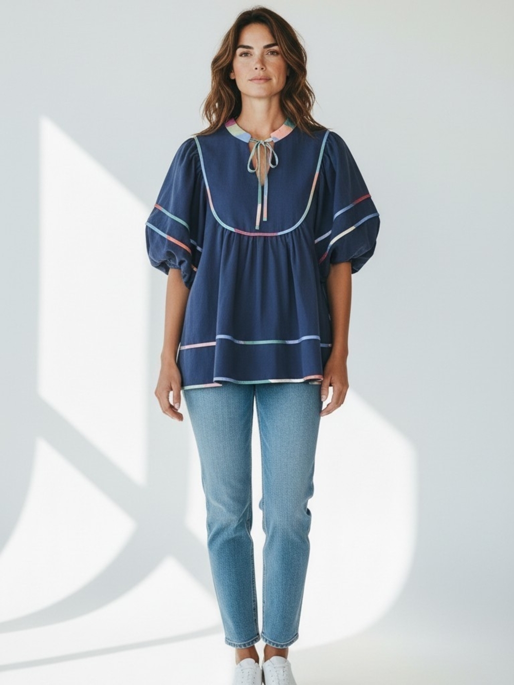 entro Navy Puff-Sleeve Tie-Neck Tunic with Pastel Trim